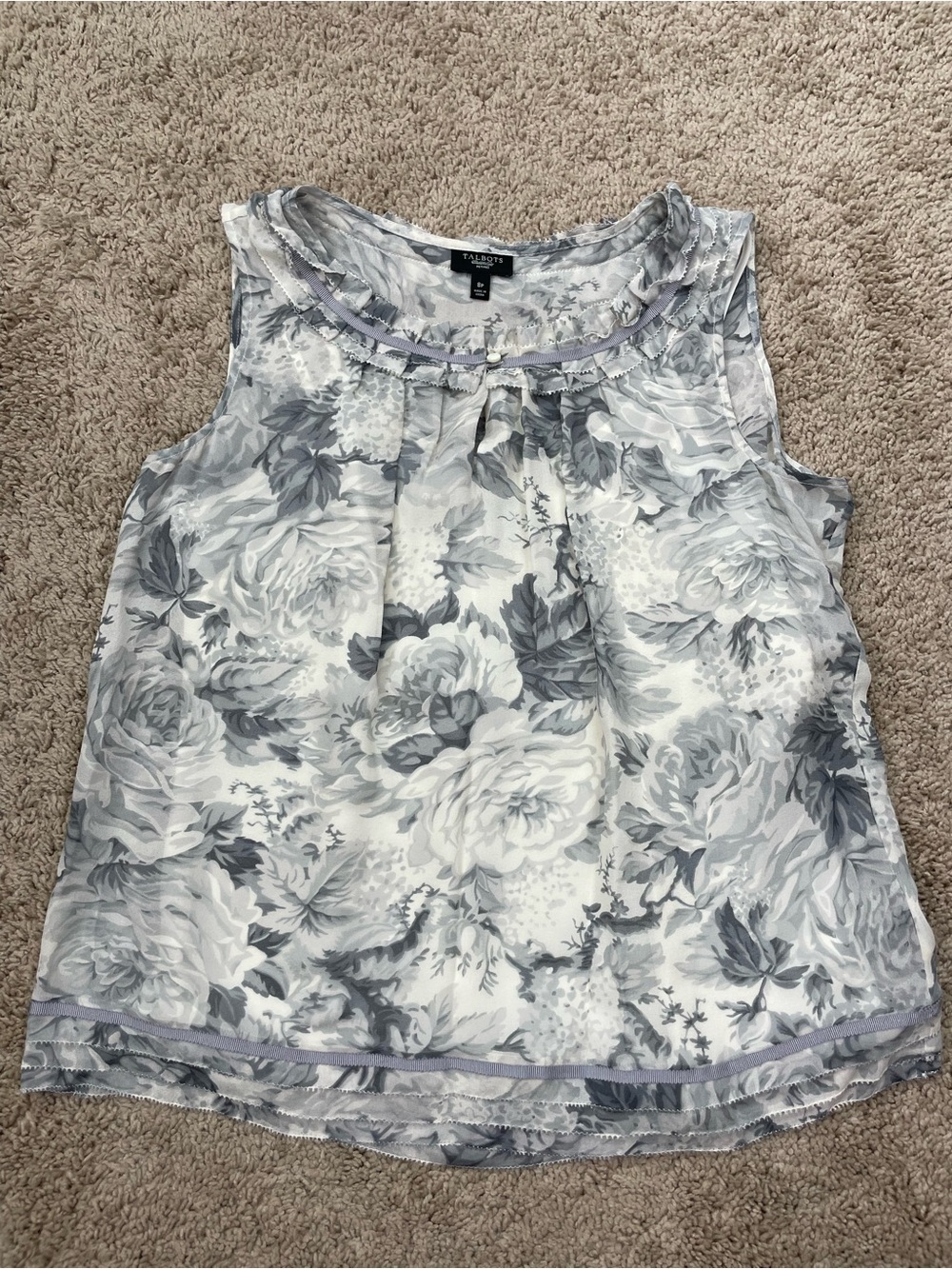 Talbots Silk Gray and White Floral Ruffled Neck Sleeveless‎ Blouse